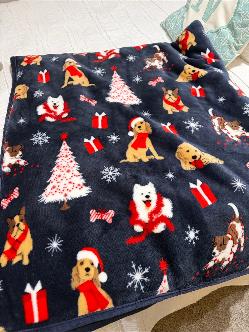 Holiday Navy Dog Print Plush Pet Blanket - Red Accents